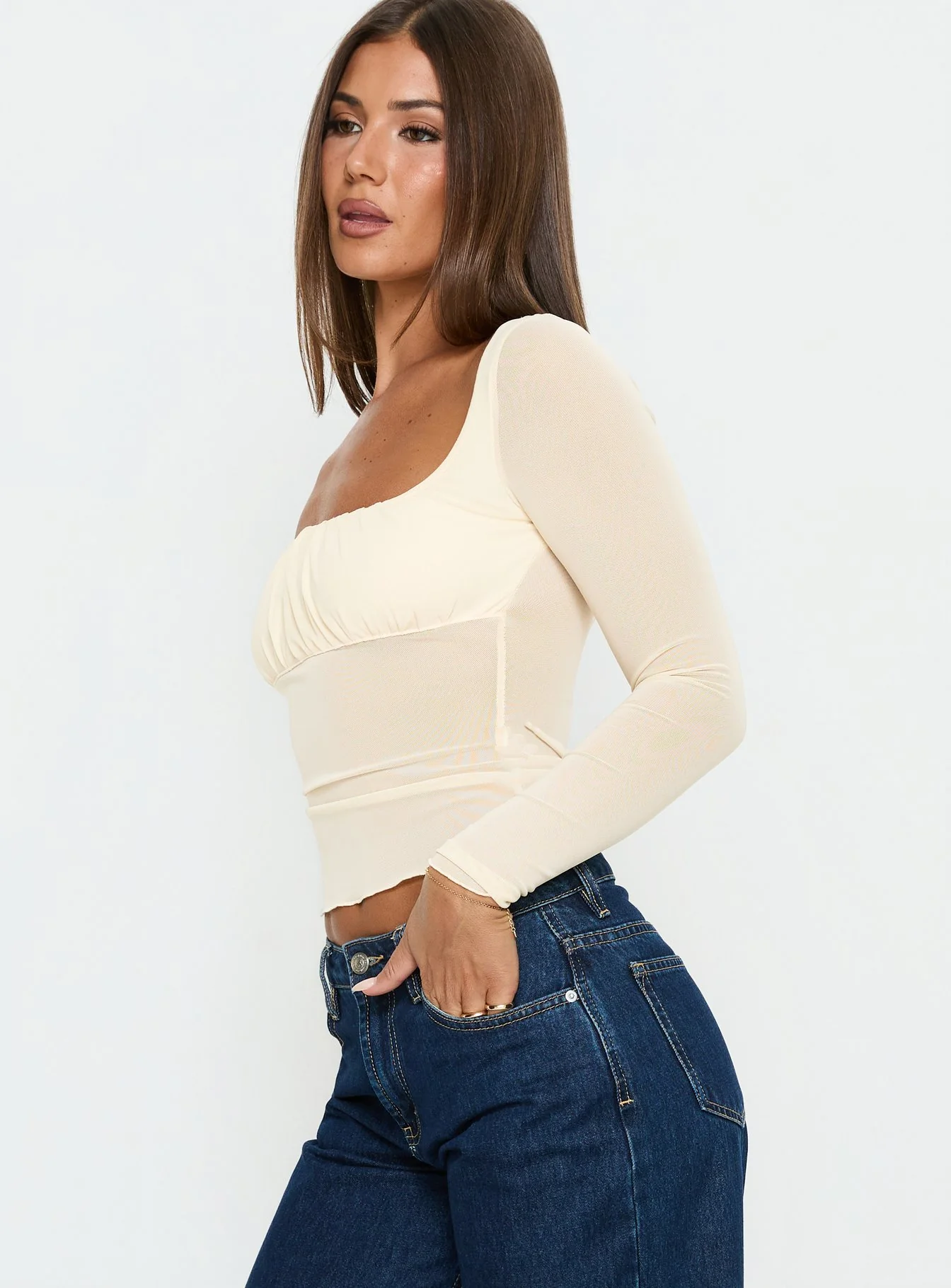 Victoire Long Sleeve Mesh Top Beige - Image 3