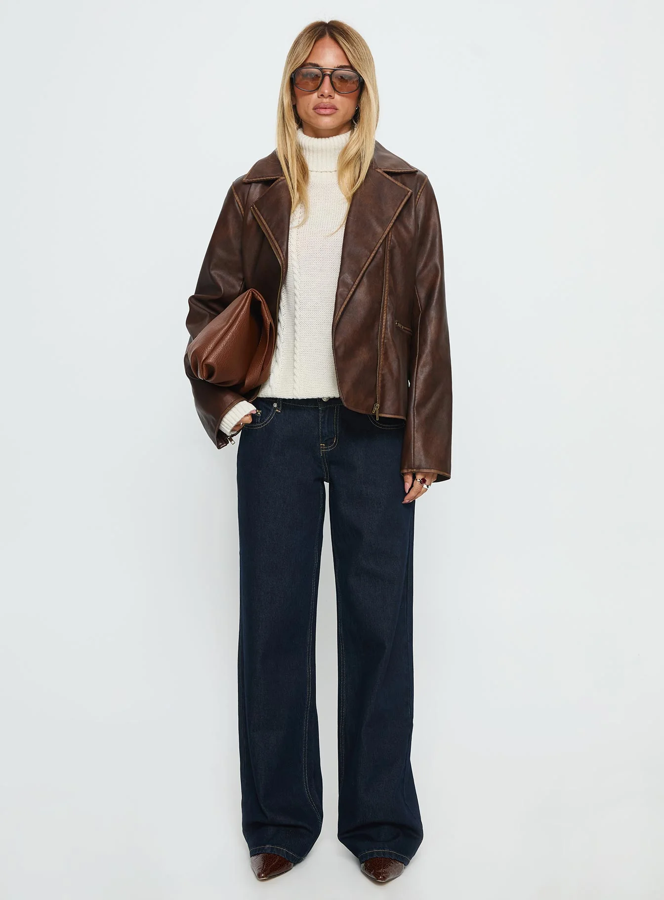 Vyolette Faux Leather Collared Jacket Washed Brown - Image 7