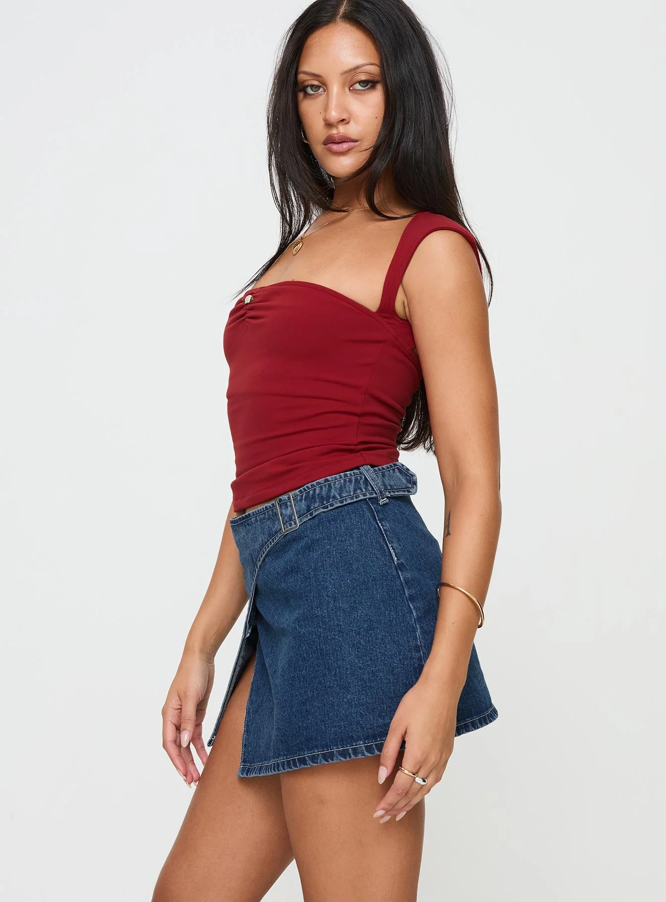Wait Up Denim Wrap Mini Skirt Mid Wash Tall - Image 4