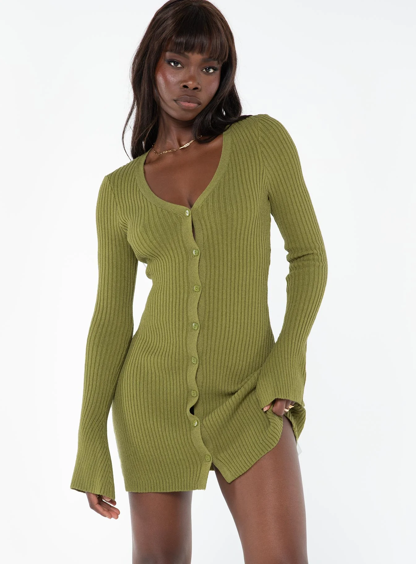 Waldin Long Sleeve Mini Dress Olive - Image 2