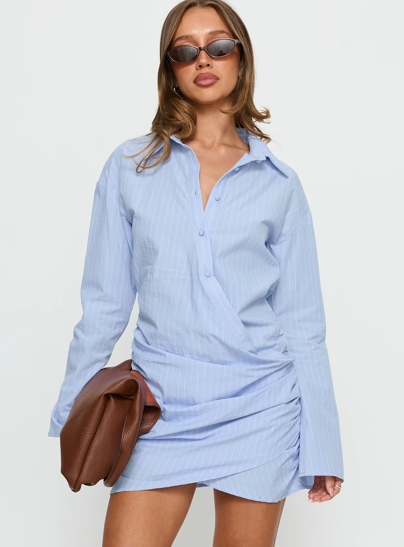 Well Versed Long Sleeve Ruched Shirt Mini Dress Blue - Image 2