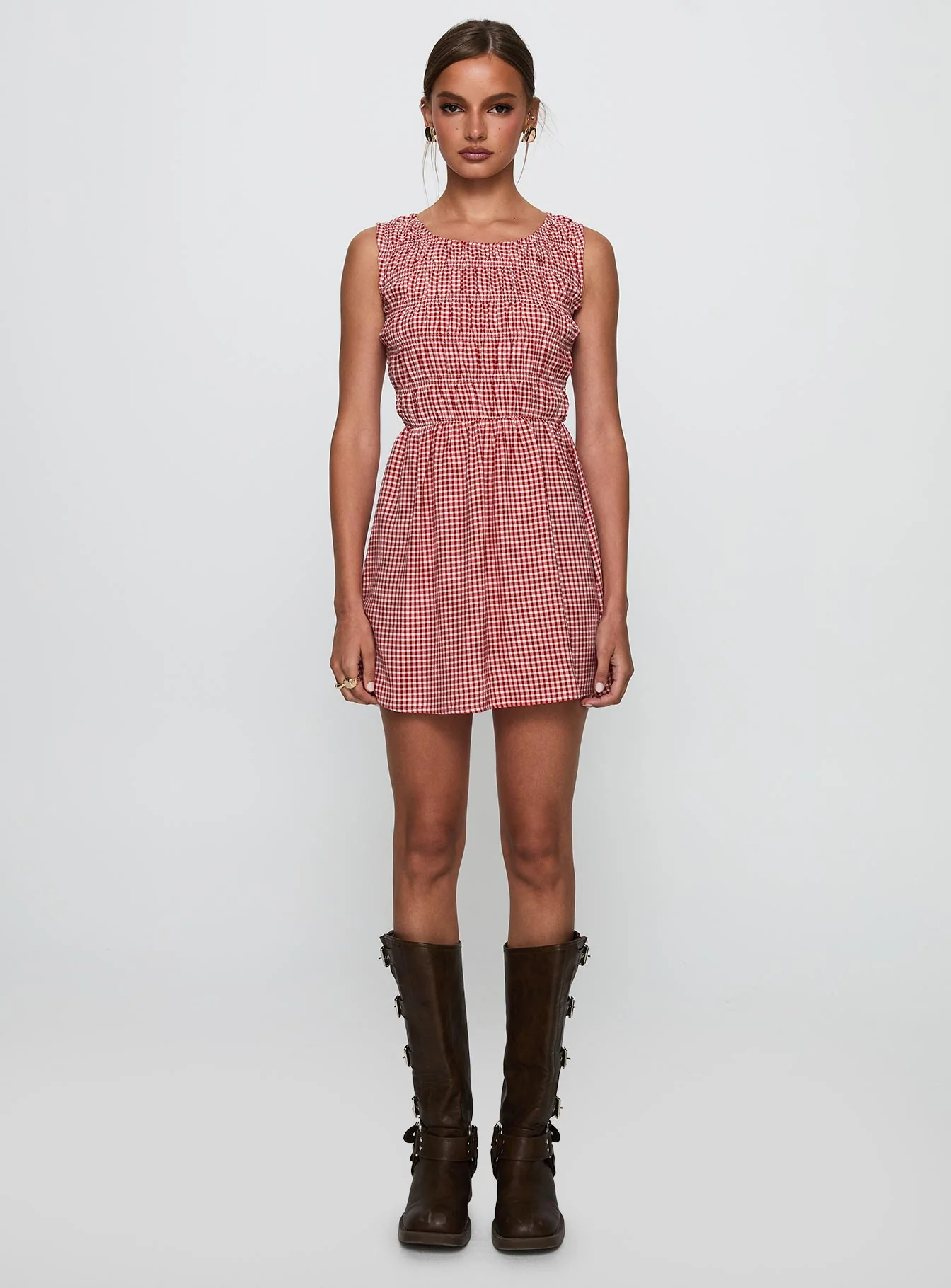 Winxie Shirred Mini Dress Red Gingham - Image 7