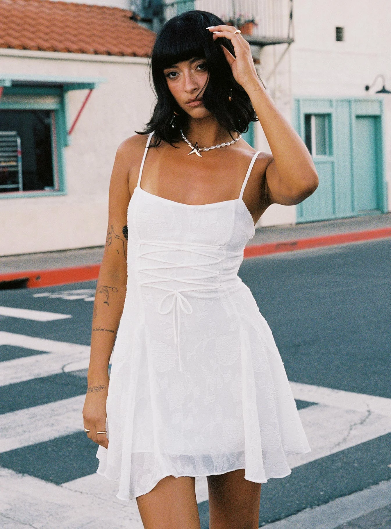 Wispie Lace Up Mini Dress White - Image 2