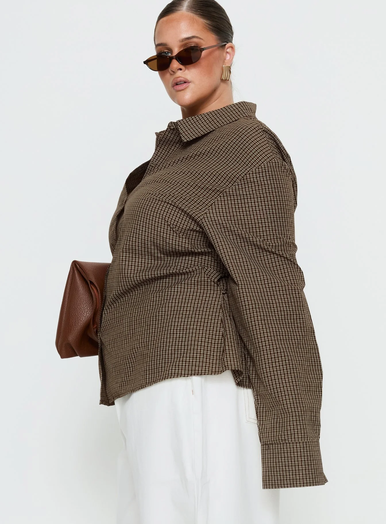Xinia Tie Waist Long Sleeve Shirt Brown Check Curve - Image 3