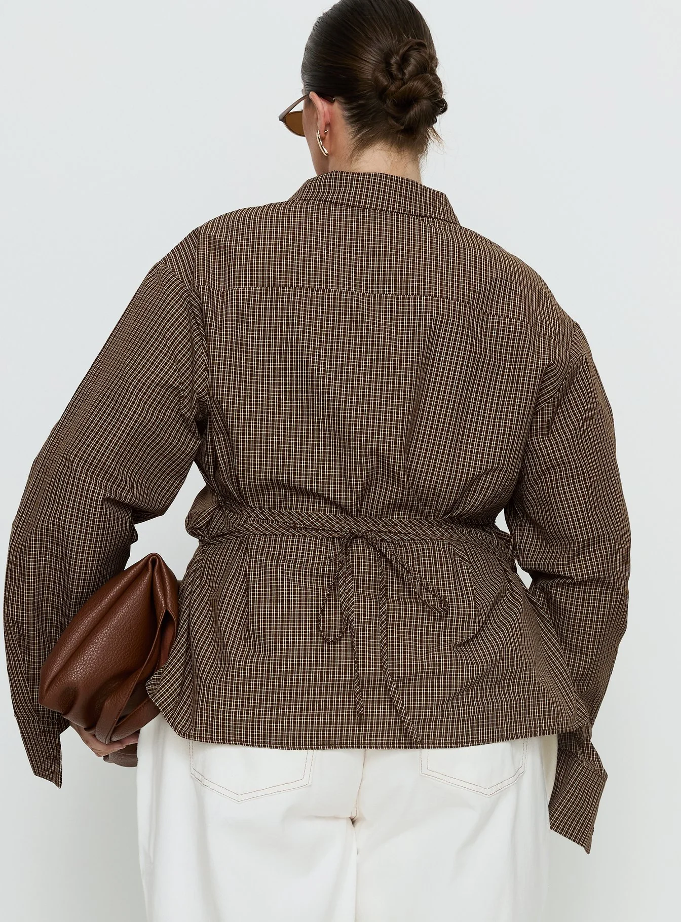 Xinia Tie Waist Long Sleeve Shirt Brown Check Curve - Image 4