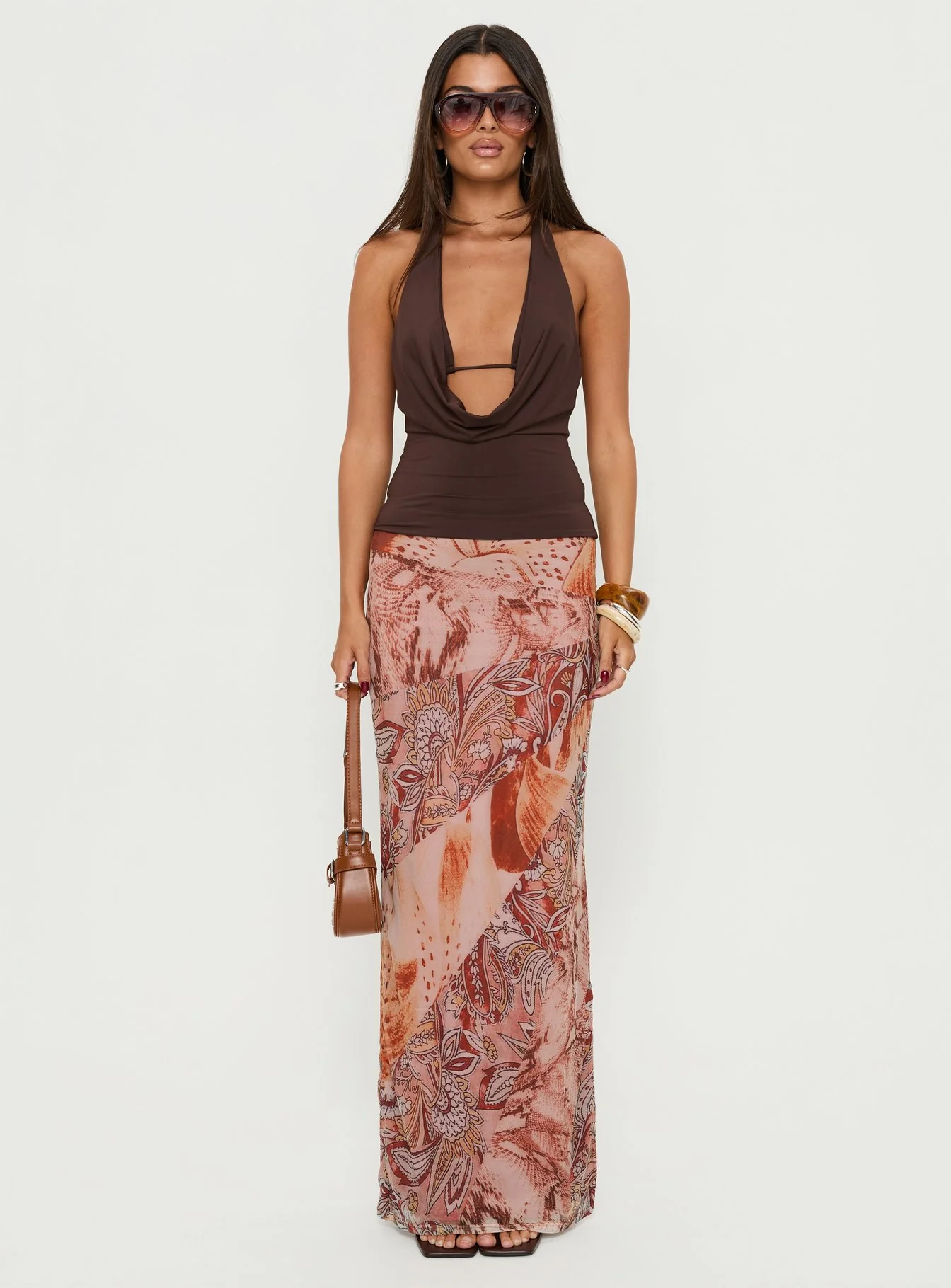 Xylia Plunge Neck Tie Back Top Chocolate - Image 7