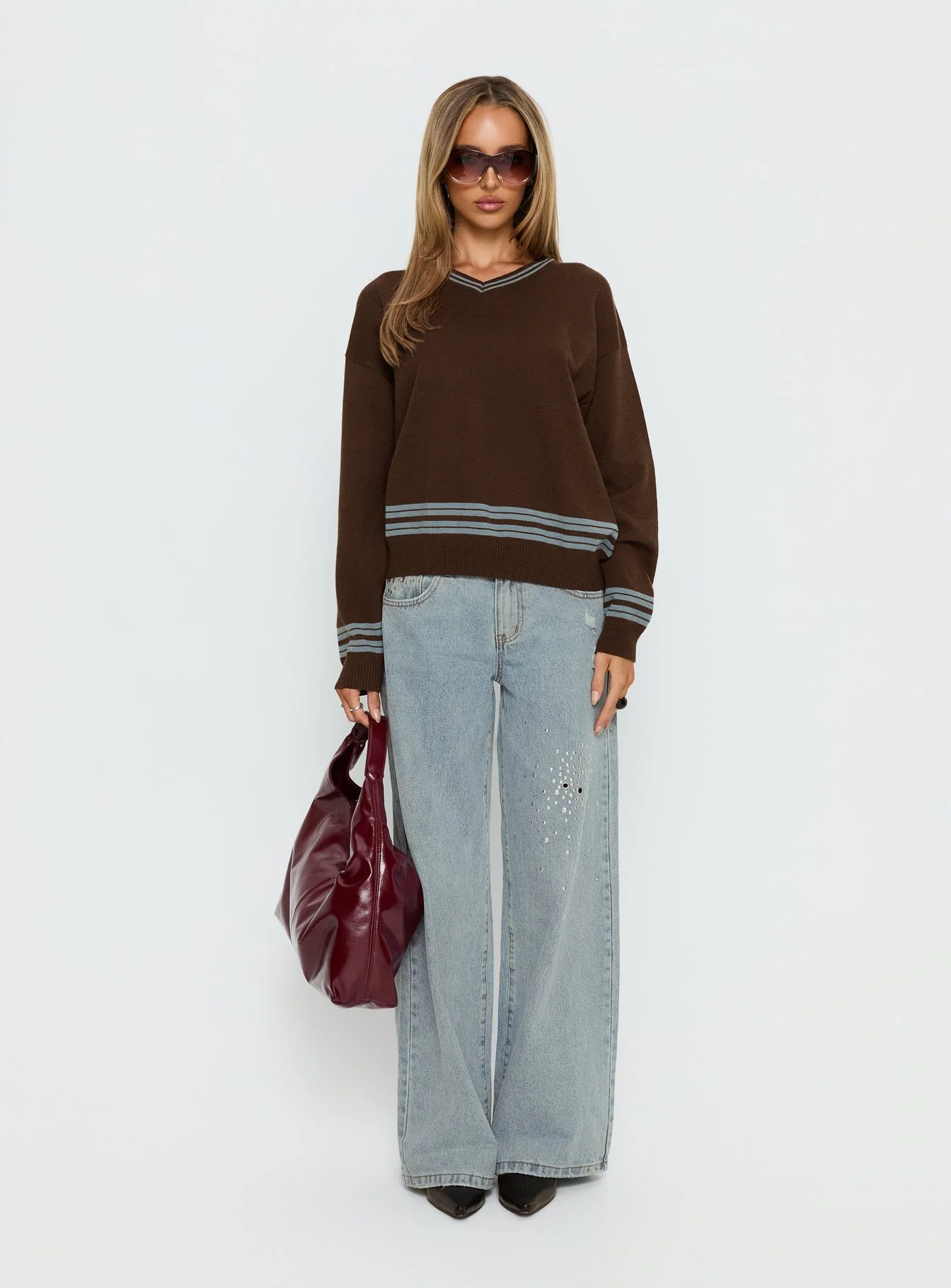 Yarnia V Neck Jumper Brown / Blue - Image 6