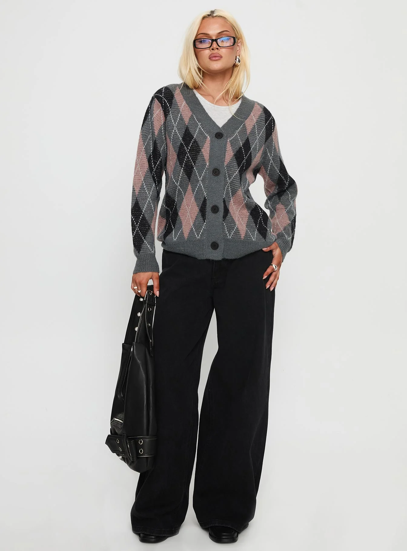 Zeeva Button Through Knit Cardigan Grey Argyle - Image 3