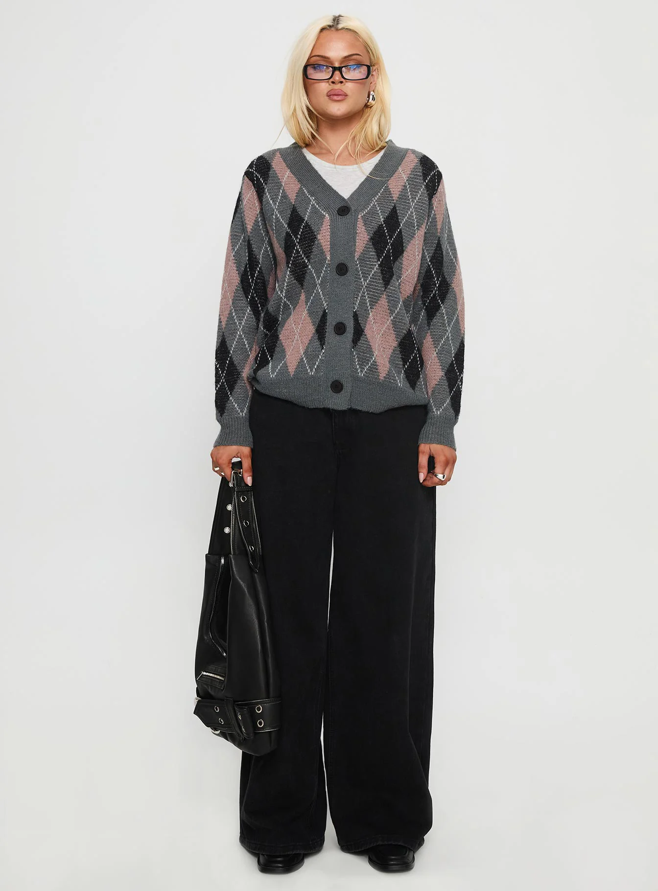 Zeeva Button Through Knit Cardigan Grey Argyle - Image 7