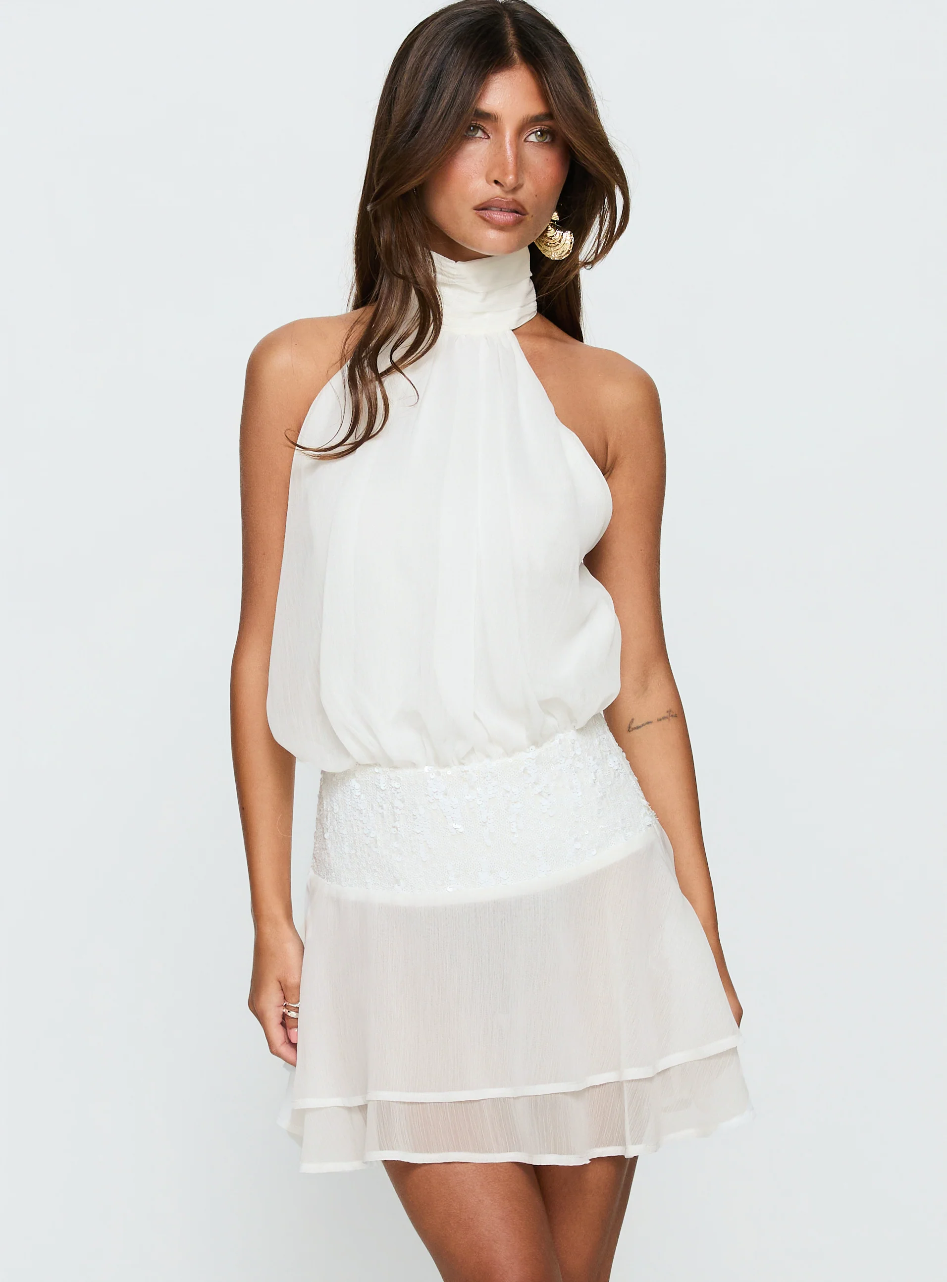 Zenayda Drop Waist Sequin Mini Dress White - Image 2